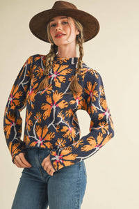 FLORAL MOCK NECK SWEATER MSW11101: BLUE FUCHSIA / L