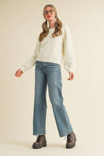 FLORAL KNIT PUFF SLEEVE SWEATER MSW10912: Navy / L