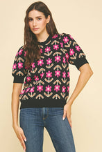 FLORAL PRINT KNIT WEATER - 6555WS: BLACK/PINK / L