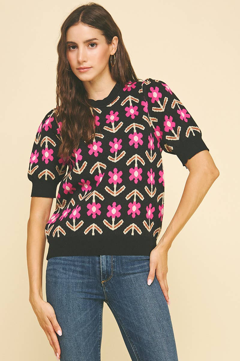 FLORAL PRINT KNIT WEATER - 6555WS: BLACK/PINK / L