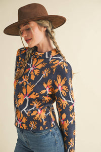 FLORAL MOCK NECK SWEATER MSW11101: BLUE FUCHSIA / L
