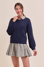 FLORAL KNIT PUFF SLEEVE SWEATER MSW10912: Navy / M