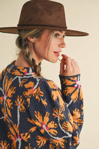 FLORAL MOCK NECK SWEATER MSW11101: BLUE FUCHSIA / L