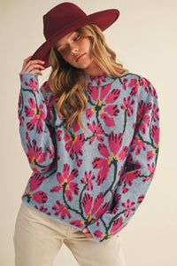 FLORAL MOCK NECK SWEATER MSW11101: BLUE FUCHSIA / S