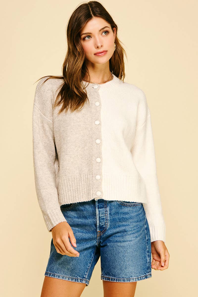 COLOR BLOCK BUTTON DOWN CARDIGAN - 6758WS: OATMEAL/IVORY / SM ML