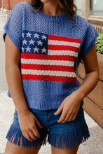 USA Flag Graphic Short Sleeve Sweater Top | S-XL : Sky Blue / L