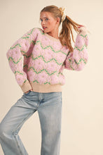 FUZZY TEXTURE FLORAL SWEATER MSW11198: Blue Flower / S