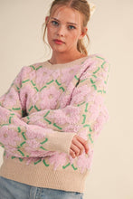 FUZZY TEXTURE FLORAL SWEATER MSW11198: Blue Flower / L
