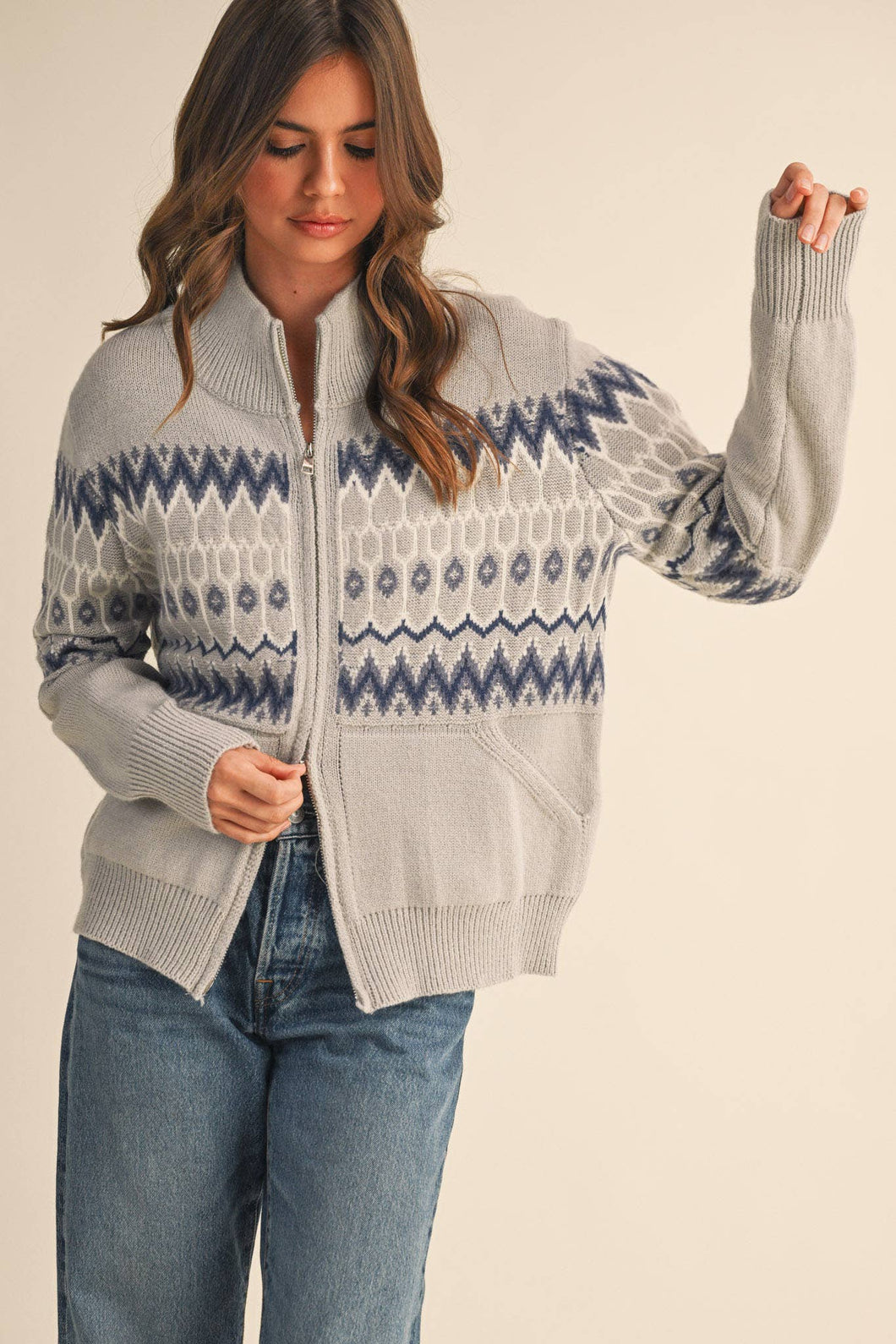 FAIR ISLE ZIP UP SWEATER CARDIGAN MSW10902: ASH GREY / M
