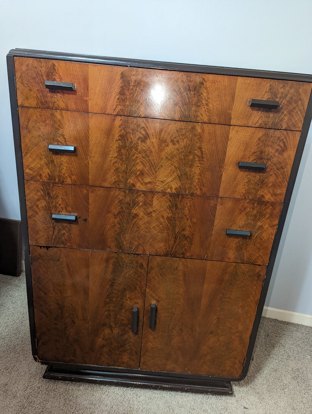 Streamlined Art Deco Iconic 1930s tall chest by Donald Deskey for Valentine-Seavers furniture.