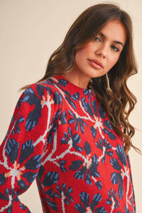FLORAL MOCK NECK SWEATER MSW11101: BLUE FUCHSIA / S