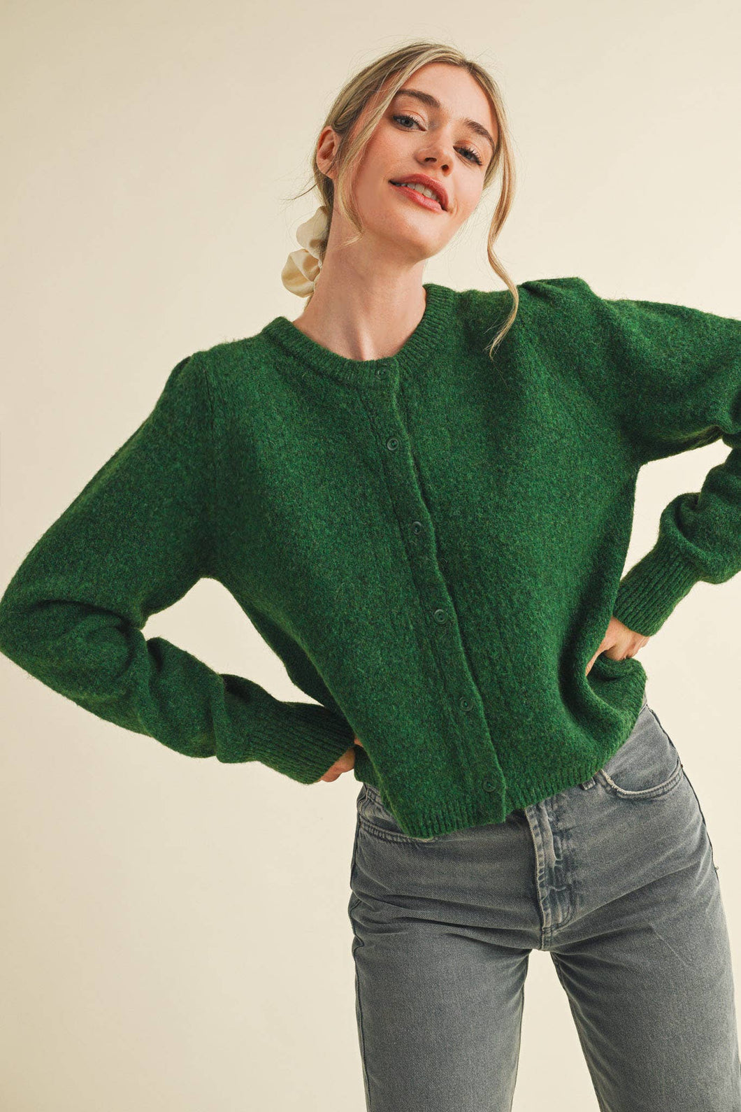 LONG PUFF SLEEVE SWEATER CARDIGAN MSW11018: FOREST GREEN / M