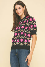 FLORAL PRINT KNIT WEATER - 6555WS: BLACK/PINK / M