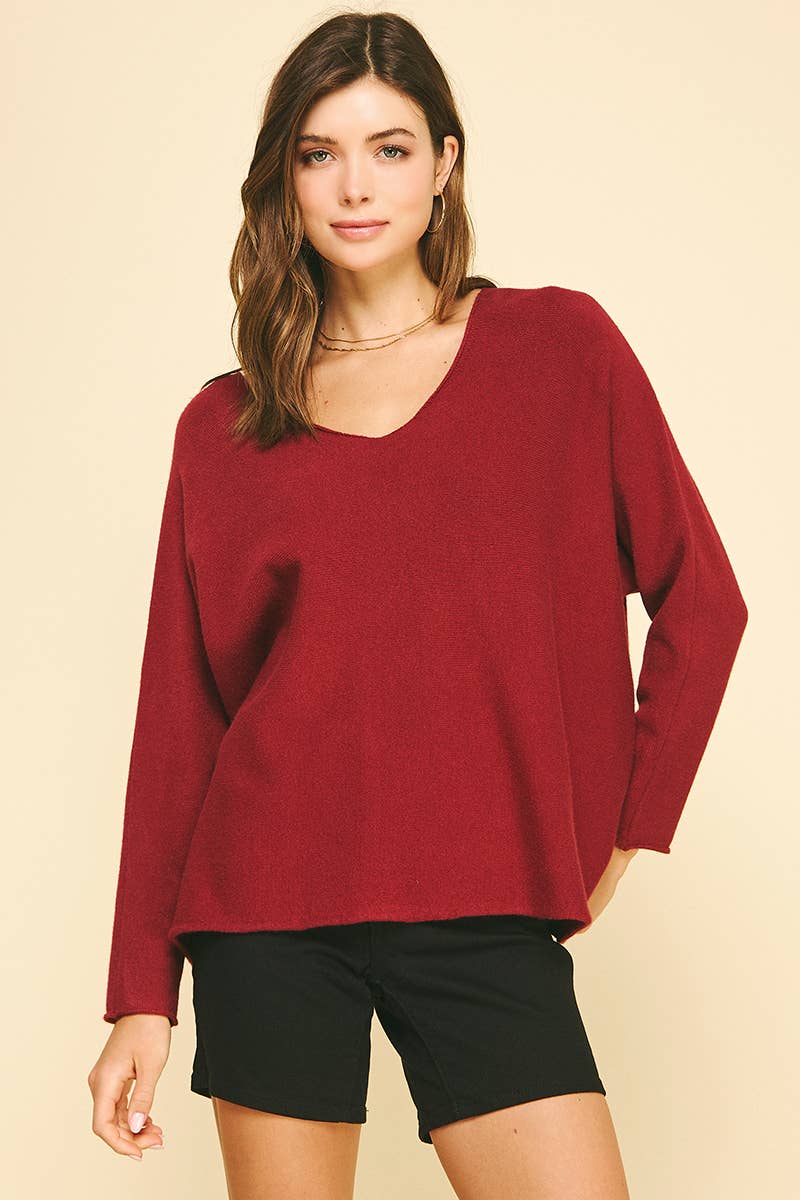 SOFT V NECK KNIT SWEATER - 5035W: GARNET / M