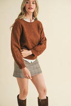 FLORAL KNIT PUFF SLEEVE SWEATER MSW10912: Navy / L