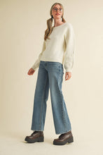 FLORAL KNIT PUFF SLEEVE SWEATER MSW10912: Navy / M