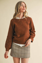 FLORAL KNIT PUFF SLEEVE SWEATER MSW10912: Navy / L