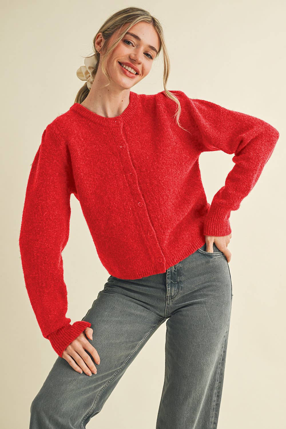 LONG PUFF SLEEVE SWEATER CARDIGAN MSW11018: Red / L