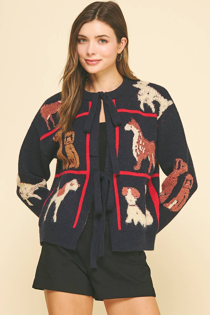 DOG Themed front-tie detailed CARDIGAN Navy