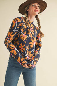 FLORAL MOCK NECK SWEATER MSW11101: BLUE FUCHSIA / L
