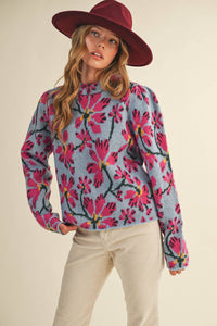 FLORAL MOCK NECK SWEATER MSW11101: BLUE FUCHSIA / S