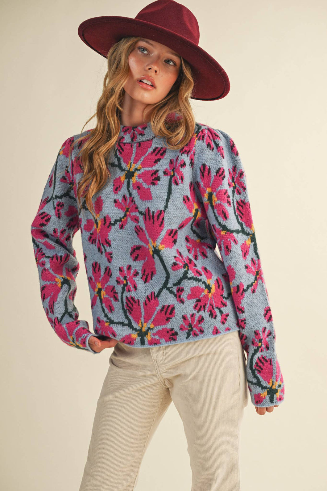 FLORAL MOCK NECK SWEATER MSW11101: BLUE FUCHSIA / L
