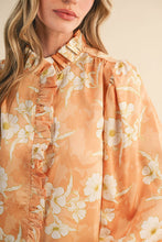 EXCLUSIVE FLORAL PRINT RUFFLED BUTTON DOWN TOP MTP4708: SILVER GREY FLORAL / S