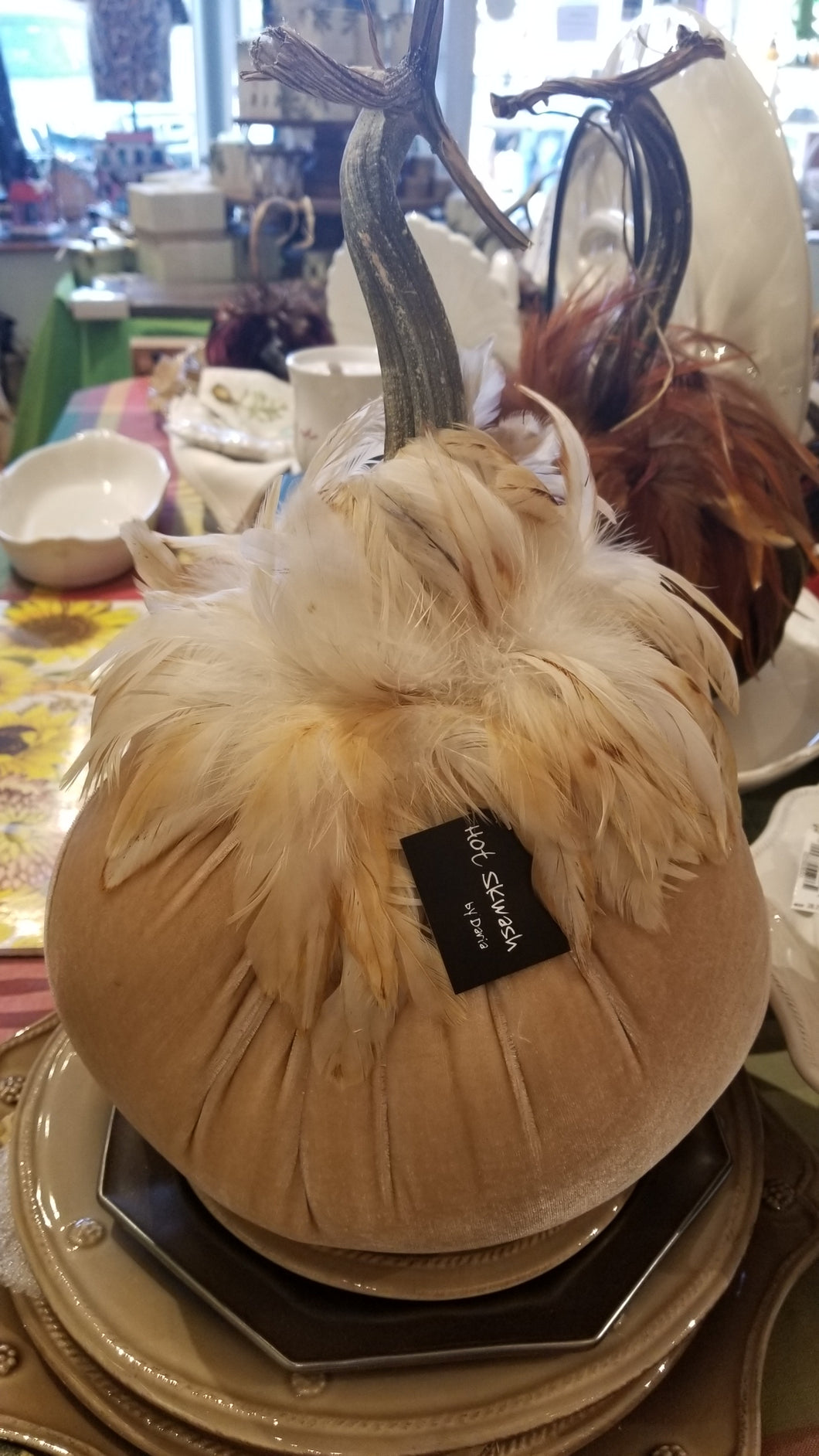 Cream Silk velvet pumpkin with feathers