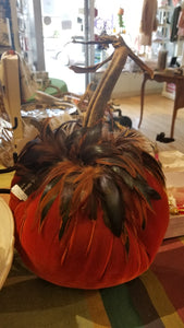 Rusty orange Silk velvet pumpkin with feathers