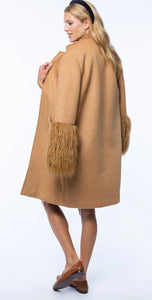 Wool coat with faux fur sleeves