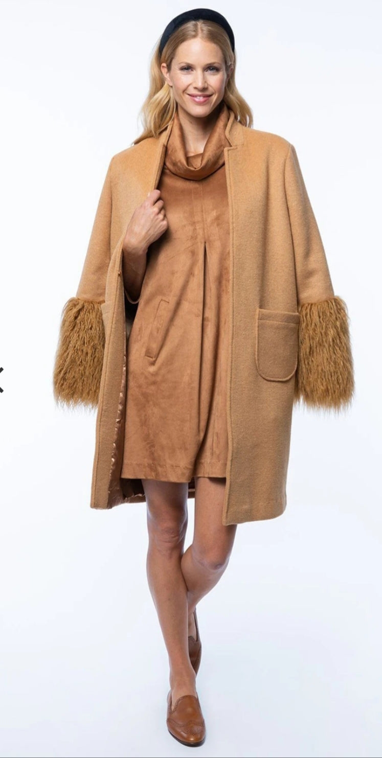 Wool coat with faux fur sleeves