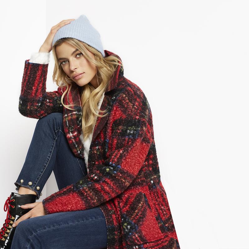 Knee length Sherpa plaid coat